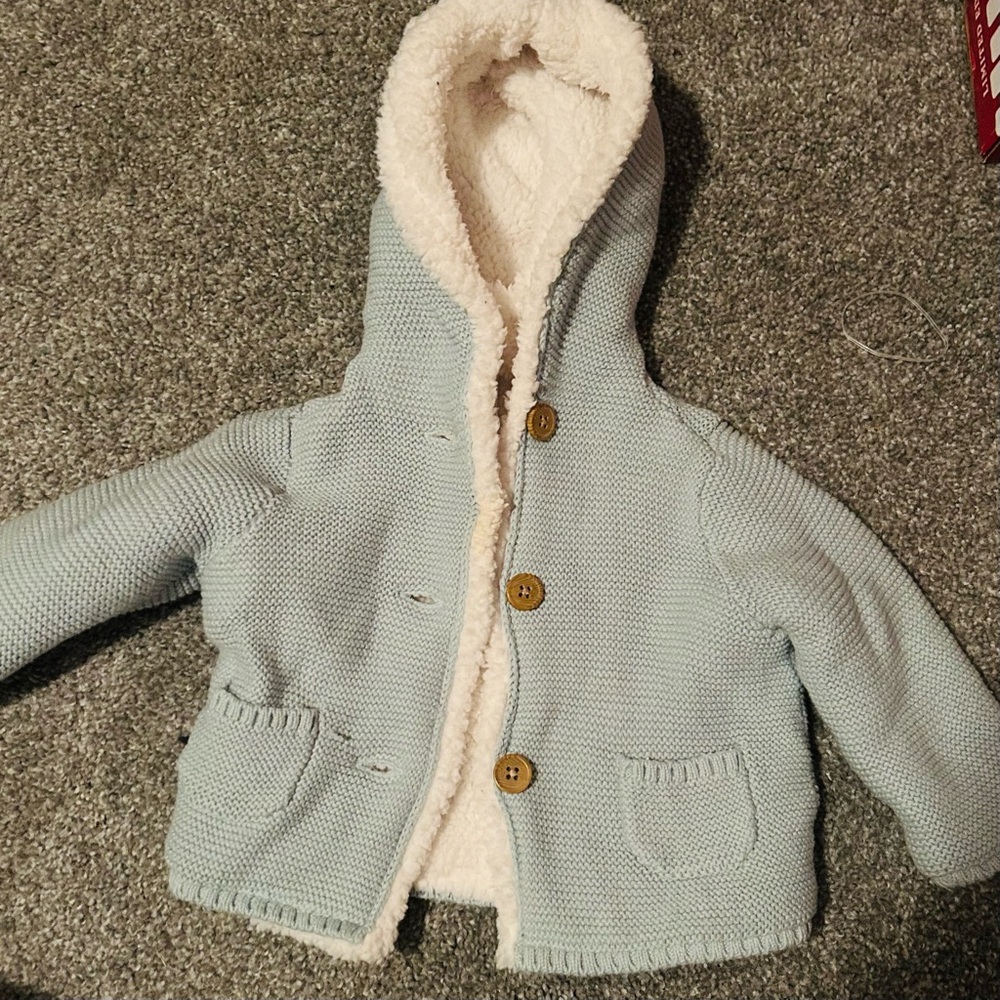 Cozy Blue Hooded Jacket with Wooden Buttons
